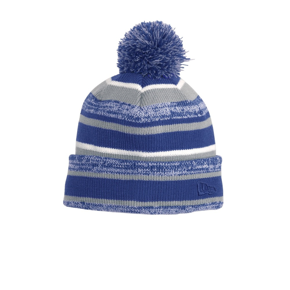 New Era Sideline Beanie Royal Blue Grey Striped Fleece Lined Pom Cuffed Hat OS